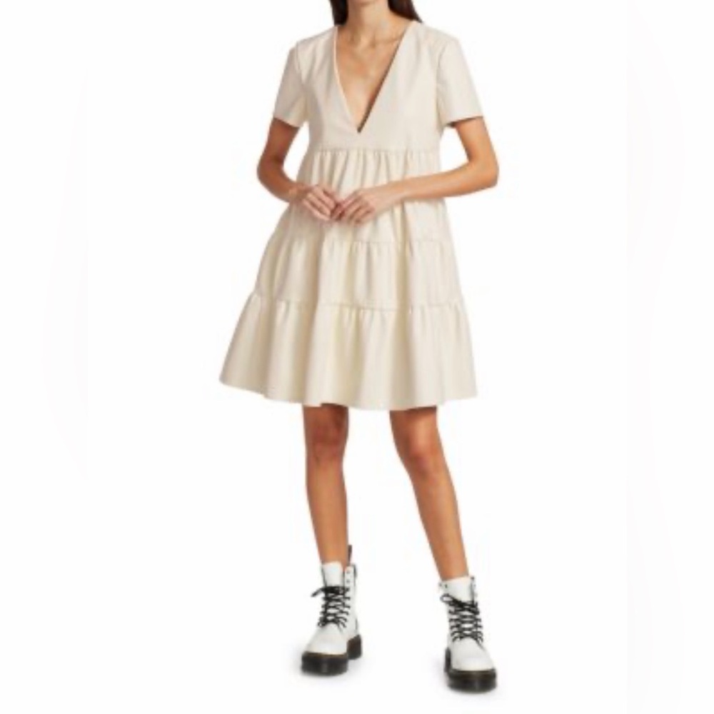STAUD‎ Mini Faux Leather Tiered Cocoon Dress Ivory NWT